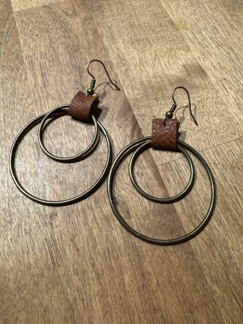 Brown Leather and Antique Brass Double Hoop Dangle Earrings